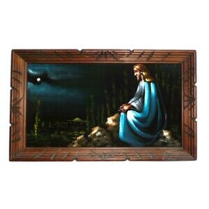 Vintage Black Velvet Jesus Painting-1970's Kitsch Religious Praying 22" x 13"